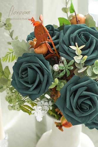 Artificial Flowers 25pcs Real Looking Peacock Green Foam Fake Roses with Stems for DIY Wedding Bouquets Bridal Shower Centerpieces Floral Arrangements Party Tables Home Decorations (25 Count)