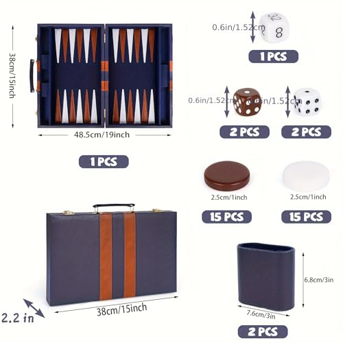15 Inch Portable Backgammon Set with Faux Leather Folding Board