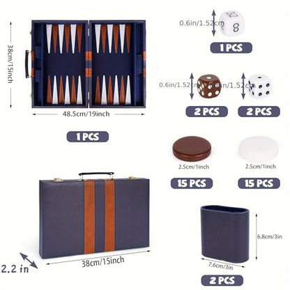 15 Inch Portable Backgammon Set with Faux Leather Folding Board