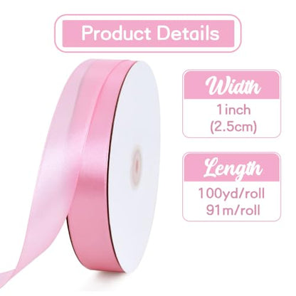 1 Inch x 100yds Pink Satin Ribbon for Crafts