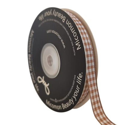 Khaki and White Woven Edge Plaid Ribbon 100% Polyester Gingham Ribbon 25 Yards Each Roll (75 Foot)