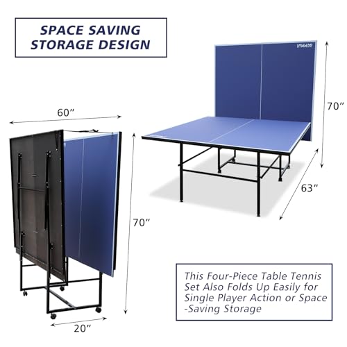 8ft/9ft Mid-Size Table Tennis Table Foldable & Portable Ping Pong Table Set for Indoor Games with Net, 2 Table Tennis Paddles and 3 Balls (7 Count)
