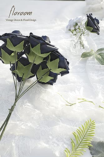 Artificial Flowers 25pcs Real Looking Navy Blue Foam Fake Roses with Stems for DIY Wedding Bouquets Bridal Shower Centerpieces Party Tables Home Decorations (25 Count)