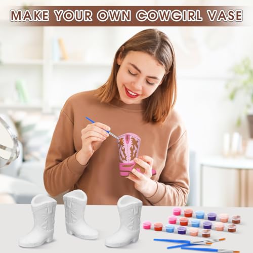 12 Set Cowboy Plaster Boot Vases Ceramics to Paint Ready to Paint DIY Unpainted Plaster Paintable Kit Contains Four Different Styles of Vases with Brush Palette for Adults (12 Count)