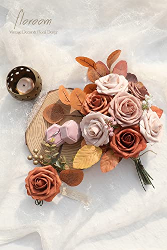 Artificial Flowers 25pcs Real Looking Burnt Orange Ombre Colors Foam Fake Roses with Stems for DIY Wedding Bouquets Bridal Shower Floral Centerpieces Party Tables Home Decorations (25 count)