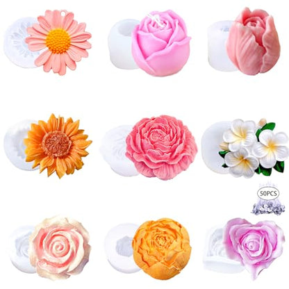 9 PCS Flower Candle Molds Rose Tulip Silicone Candle Mold Flower Shapes (9 Count)