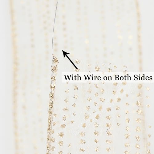 Champagne Gold Wired Ribbon 2.5 Inch Horizontal Stripes Glitter Polka Dot Christmas Ribbon Organza Sheer Ribbons 25 Yards Champagne Gold Glitter Ribbons for Christmas Tree (75 Foot)