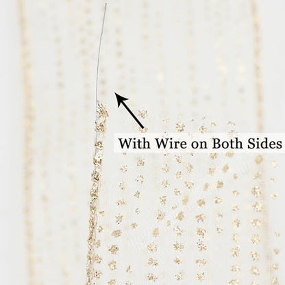 Champagne Gold Wired Ribbon 2.5 Inch Horizontal Stripes Glitter Polka Dot Christmas Ribbon Organza Sheer Ribbons 25 Yards Champagne Gold Glitter Ribbons for Christmas Tree (75 Foot)