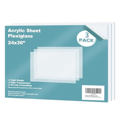 Plexiglass Sheets Acrylic Sheets 3 Pack of 24x36’’ 0.04 Thick Clear Plastic Cast Transparent Plexi Glass for Crafting Projects