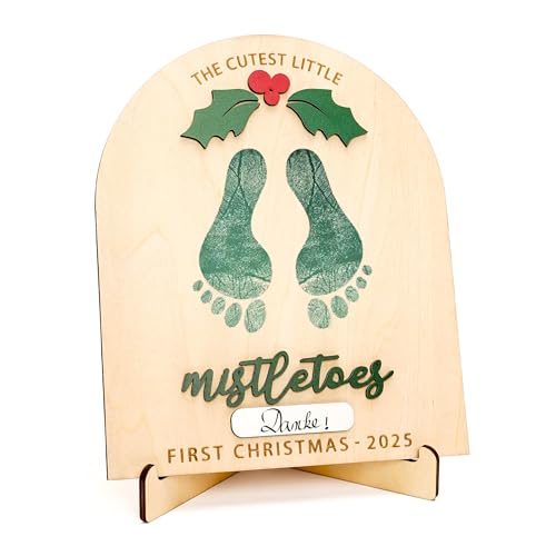 Personalized Baby’s First Christmas 2026 Wooden Mistletoes Footprint Art