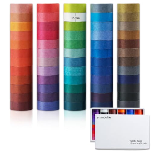 60 Rolls Washi Tape Set 15mm Wide Rainbow Colored Painters Masking Tape Supplies Writable Cute Colorful Decorative Craft Tape for Scrapbook DIY (9 Count)