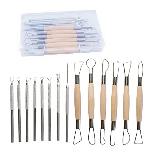 14Pcs Ceramic Pottery Clay Ribbon Sculpting Tools Kit Wire Texture and Needle Detail Tool with Plastic Box for Carving