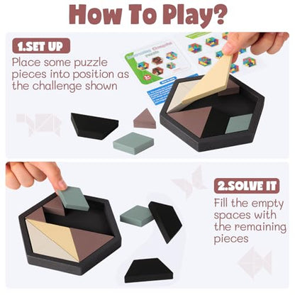3 Pack Large Wooden Blocks Puzzles Hexagon Tangram Puzzle Wooden Russian Brain Puzzles for Adult Challenge Teasers Geometric Jigsaw Logic Iq STEM Educational Gift Graduation (3 Count)