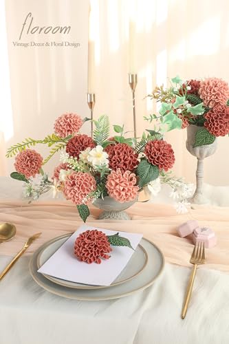 Artificial Dahlia Flowers 25pcs Terracotta & Pinky Cedar Foam Fake Roses with Stems for DIY Burnt Orange Wedding Bouquets Bridal Shower Centerpieces Floral Arrangements Party Tables Decoration (25 Count)