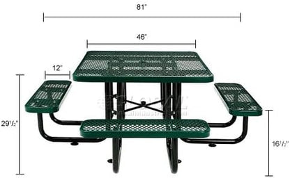 Global Industrial 46" Square Picnic Table, Expanded Metal, Green Thermoplastic Coating, Attached Benches, 1-1/2” Umbrella Pole Hole, Outdoor-Rated, 1000 lb Capacity