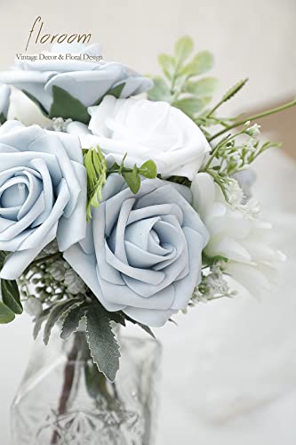 Artificial Flowers 25pcs Real Looking Powder Blue Foam Fake Roses with Stems for DIY Wedding Bouquets Bridal Shower Centerpieces Floral Arrangements Party Tables Home Decorations (25 Count)