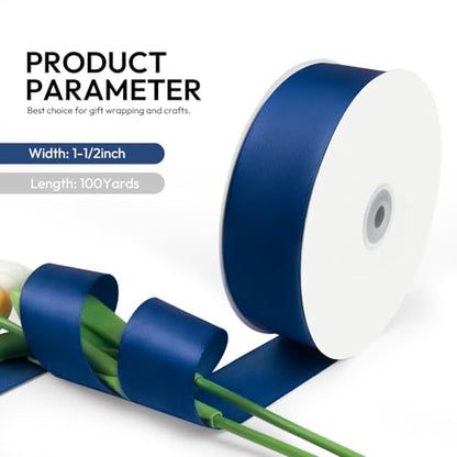 1-1/2 Inch 100 Yards Satin Ribbon Dark Blue, Solid Color Fabric Ribbon for Gift Wrapping, Wedding, Polyester Gift Ribbon for Birthday Party Decoration, Craft, Hair, Floral, Sewing (300 Foot)