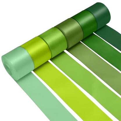 1-1/2 Inch Single-Faced Green Satin Ribbons for Crafts Gift Wrapping Wedding | 6 Rolls Assorted Ribbons for Flower Bouquet Invitations Bridal Shower Hair Bows Garland Party Decor