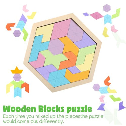 3 Pack Large Wooden Blocks Puzzles Hexagon Tangram Puzzle Wooden Russian Brain Puzzles for Adult Challenge Teasers Geometric Jigsaw Logic Iq STEM Educational Gift Graduation (3 Count)