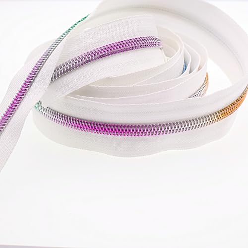 5 Rainbow Teeh Metallic Nylon Coil Zippers by The Yard Bulk 10 Yards White Zipper Tape with 25pcs Silver Ring Pull Sliders for DIY Sewing Tailor Craft Bag