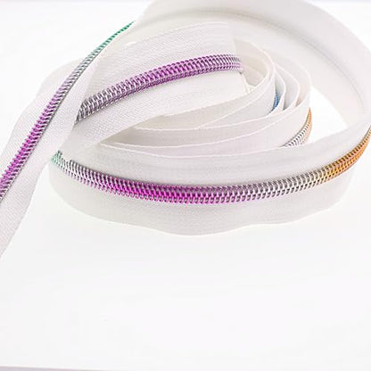 5 Rainbow Teeh Metallic Nylon Coil Zippers by The Yard Bulk 10 Yards White Zipper Tape with 25pcs Silver Ring Pull Sliders for DIY Sewing Tailor Craft Bag
