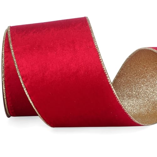 Red Velvet Wired Ribbon 4 Inch Red Velvet with Gold Glitter Christmas Ribbon for Christmas Tree Decoration Big Bow Gift Wrapping Crafts Wreaths Supplies (30 Foot)