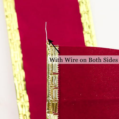 Burgundy Velvet Ribbon 2.5 Inch Dark Red Christmas Ribbon 10 Yards Maroon Velvet Wired Ribbons with Gold Greek Key Edge Burgundy Ribbons for Christmas Tree Decoration (30 Foot)