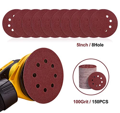 150 Pcs Hook and Loop Adhesive Sanding Discs 5 Inch 8 Hole Sandpaper 100 Grit Aluminum Oxide Sander Pads for Random Orbital Sander (150 Count)