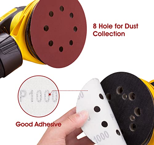 1000 Grit 5 Inch Sanding Disc 8 Hole Hook and Loop Sanding Pad Aluminum Oxide Round Sandpaper Disc for Random Orbit Sander (150 Count)