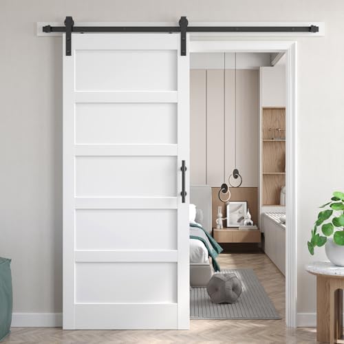 34x80 inch White Barn Door with 6 FT Sliding Door Hardware Kit Included & Handle