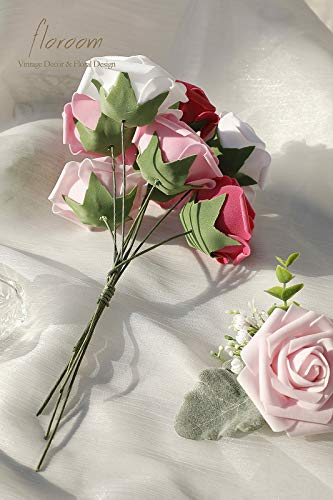 Artificial Flowers 25pcs Real Looking Blush Pink Ombre Colors Foam Fake Roses with Stems for DIY Wedding Bouquets Bridal Shower Centerpieces Floral Arrangements Party Tables Home Decorations (25 Count)