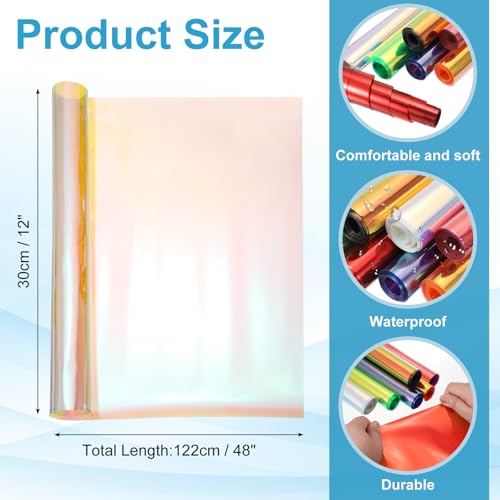 Holographic Clear PVC Vinyl Film Holographic PVC Fabric Waterproof Dichroic Film 12 x 48 Inch for Handbags Bows Earrings DIY Craft