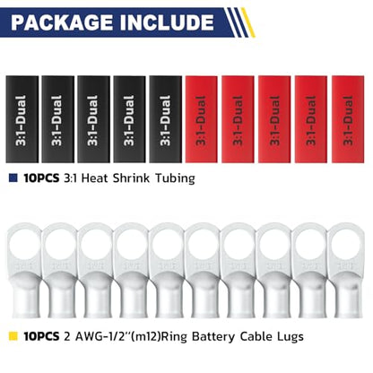 20PCS Battery Cable Lug & Heat Shrink Kit 2 AWG 1 (10 Count)