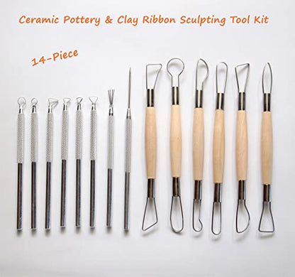 14Pcs Ceramic Pottery Clay Ribbon Sculpting Tools Kit Wire Texture and Needle Detail Tool with Plastic Box for Carving