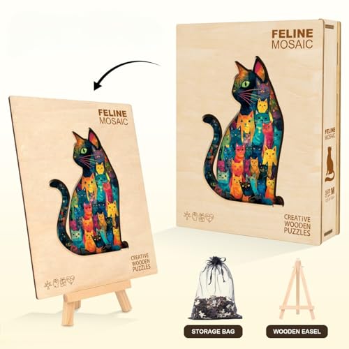 Mosaic Many Faces Sitting Black Cat Puzzles Adults Gifts Wooden 175 Pieces 14.4 * 9.2in