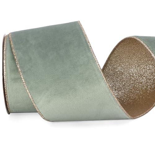Sage Velvet Wired Ribbon 4 Inch Sage Velvet with Champagne Glitter Christmas Ribbon for Christmas Tree Decoration Big Bow Gift Wrapping Crafts Wreaths Supplies