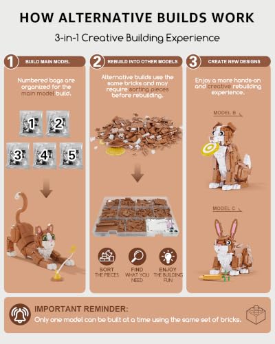 3-in-1 Orange Cat Building Set, Build a Cat, Dog or Rabbit (909 Count)