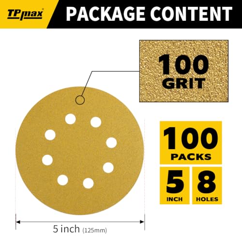 100PCS 5 Inch 100 Grit 125mm 8 Hole Sanding Discs Sandpaper (100 Count)