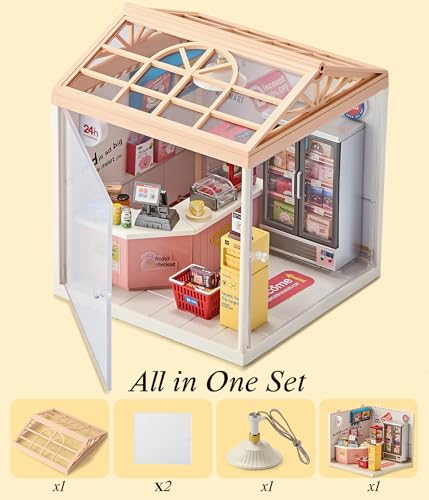 24 Hour Convenience Store DIY Miniature House Kit with Roof & LED Light