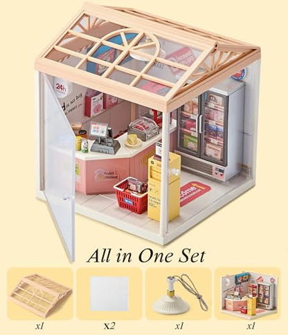 24 Hour Convenience Store DIY Miniature House Kit with Roof & LED Light