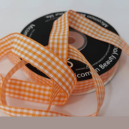 Orange Gingham Plaid Checked Ribbon 25 Yards Each Roll 100% Polyester