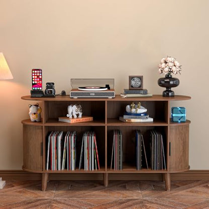 Large Round Record Player Stand with Charging Station & USB Ports