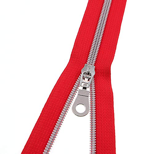 5 Silver Metallic Nylon Coil Zippers by The Yard Bulk 10 Yards Red Tape with 25pcs Silver Sliders for DIY Sewing Tailor Craft Bag