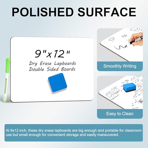 6 Pack Small White Board Dry Erase Classroom Pack Boards 9" x12” Personal Whiteboards for Teachers Lapboards Mini Whiteboard Erasers Included Colors pens (6 Count)