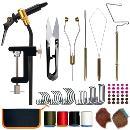 Fly Tying Kit Material Tools Kit Bobbin Fly Hooks Scissors Fly Beads Threader Needle Whip Finisher Fly Fishing Flies Starter Making Kit with Carry Bag