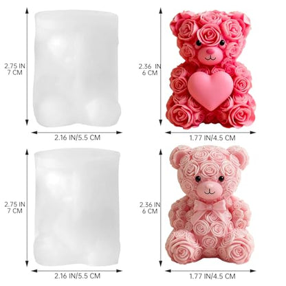 2PCS 3D Rose Bear Silicone Candle Mold Set for Candle Resin Valentine Gift (2 Count)