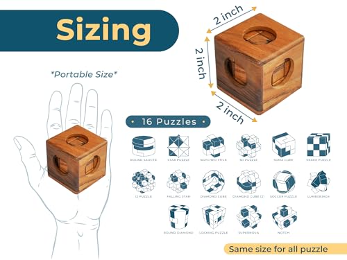 16 in 1 Wooden Brain Teaser Puzzles for Adults and Seniors Interlocking 3D Mini Wood Mind Games Hand Puzzle Teasers Set Toys Coffee Table Games Gift
