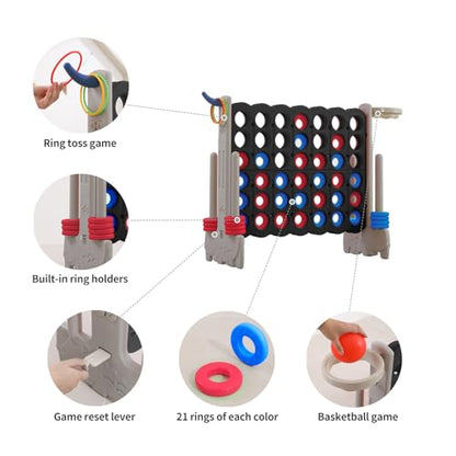 Giant 4-in-a-Row Game with Carry Bag, 3-in-1 Jumbo 4-to-Score Outdoor Yard Game with Basketball Hoop, Ring Toss, Quick-Release Slider, 42 Rings, Family Party Game for Kids & Adults