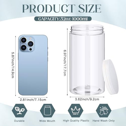 12 Pack 32 oz Plastic Container Jars with Lids Round Clear Travel Cosmetic Container Slime Jars for Toiletries (12 Count)