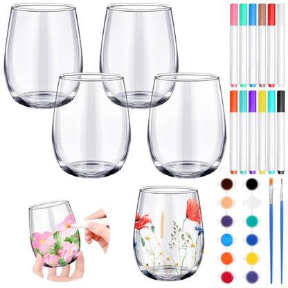 4 Sets Crafts Gift Paint Your Own Wine Glass 15 oz Painting 12 Pcs DIY Markers 12 Colors Acrylic Paint with Brushes to Design Your Own Personalized Craft (16 Count)
